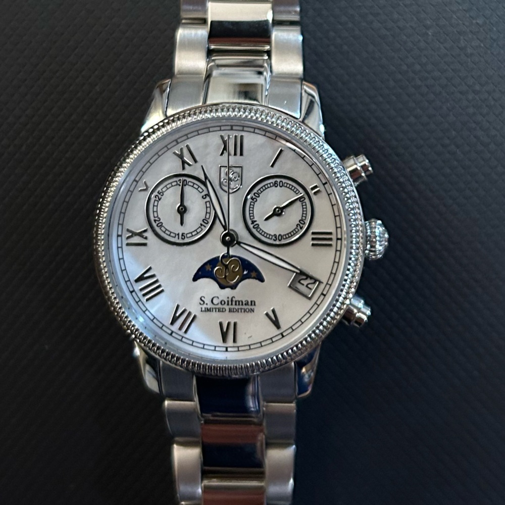 S.Coifman Breclet Watch With 32mm White Mother of Pearl Chronograph Moon…
